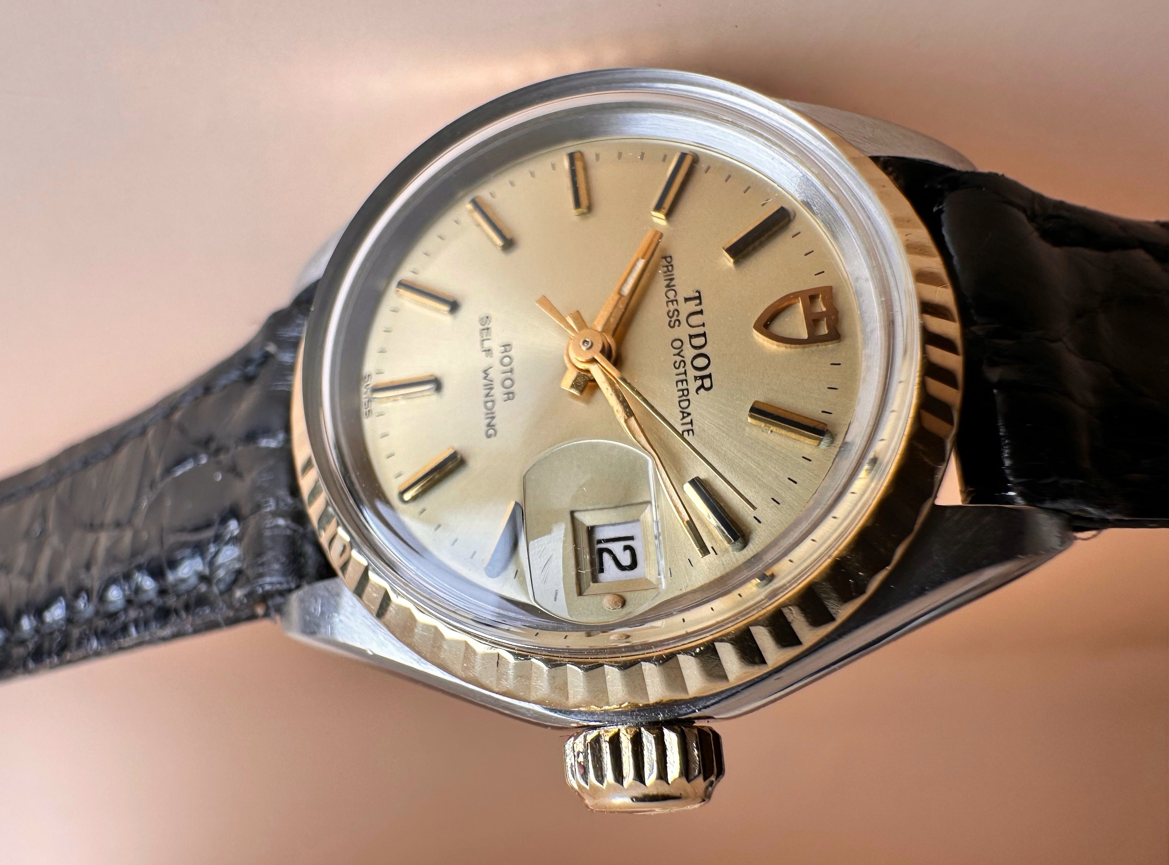 Ladies Mid 80s Tudor\Rolex Princess Automatic Oysterdate Solid 18ct Fluted Yellow Gold Bezel Ref: 92413 Quick Set