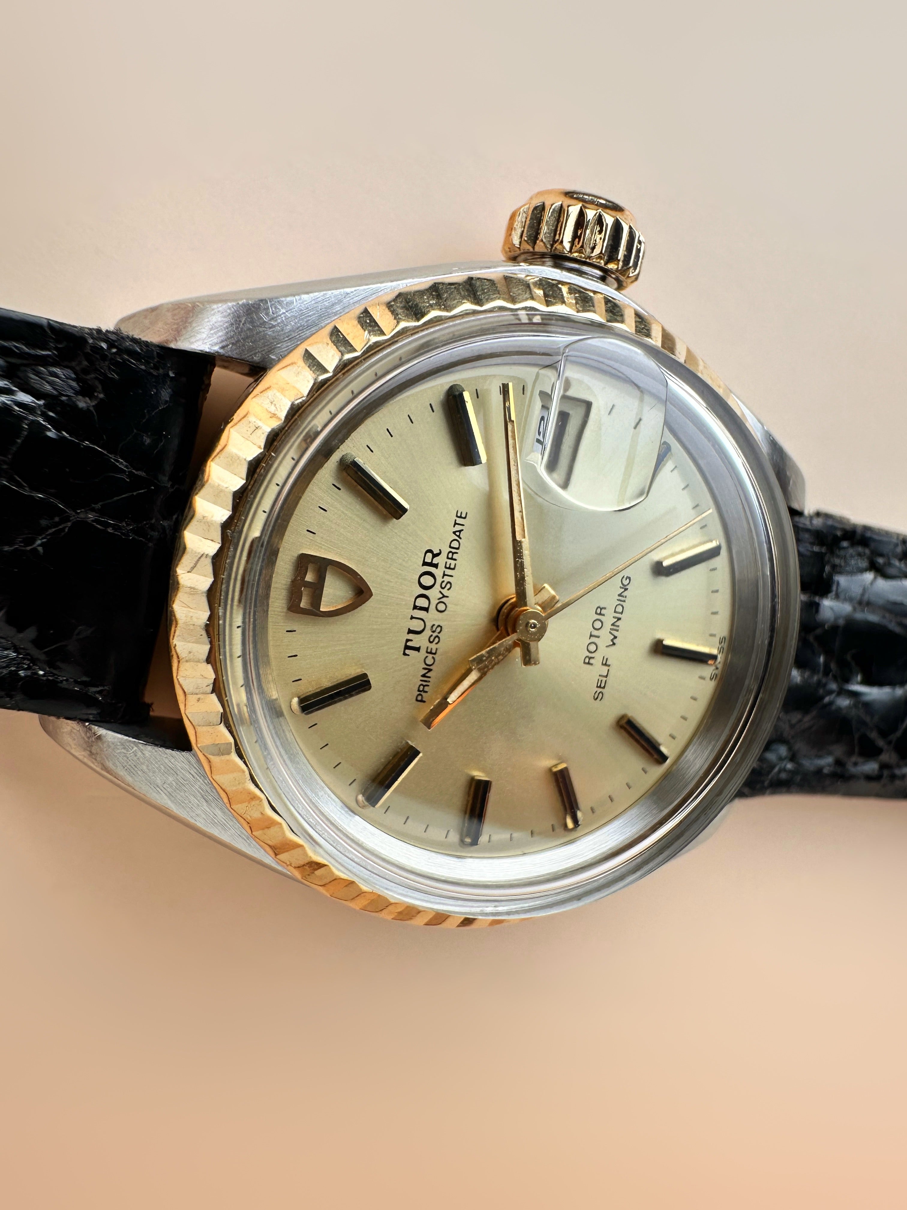 Ladies Mid 80s Tudor\Rolex Princess Automatic Oysterdate Solid 18ct Fluted Yellow Gold Bezel Ref: 92413 Quick Set