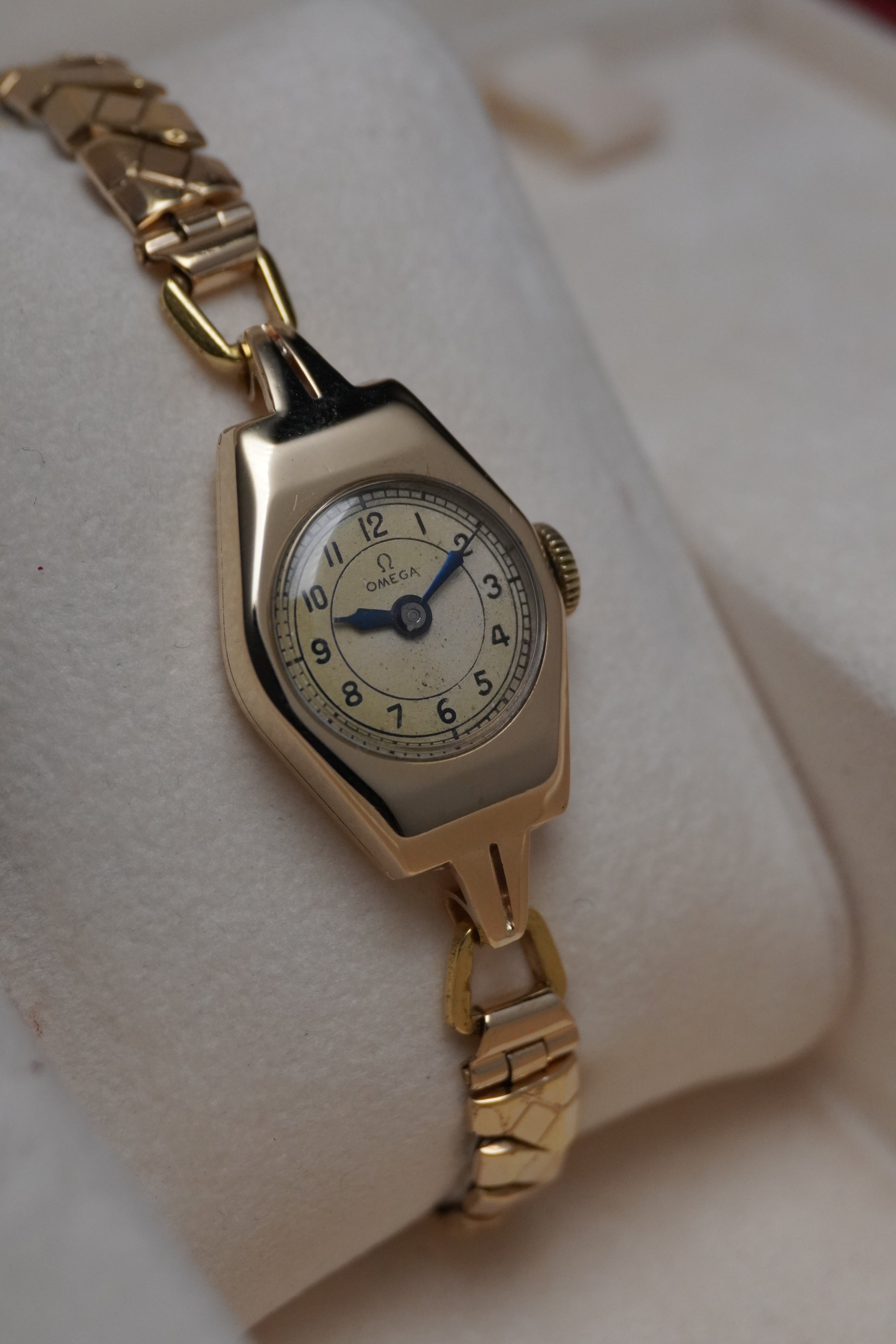 Early 1950s Omega Ladies 9ct Solid Yellow Gold Watch – Dennison Case (M Hallmark), Blue Hands, Arabic Numerals, Calibre 244