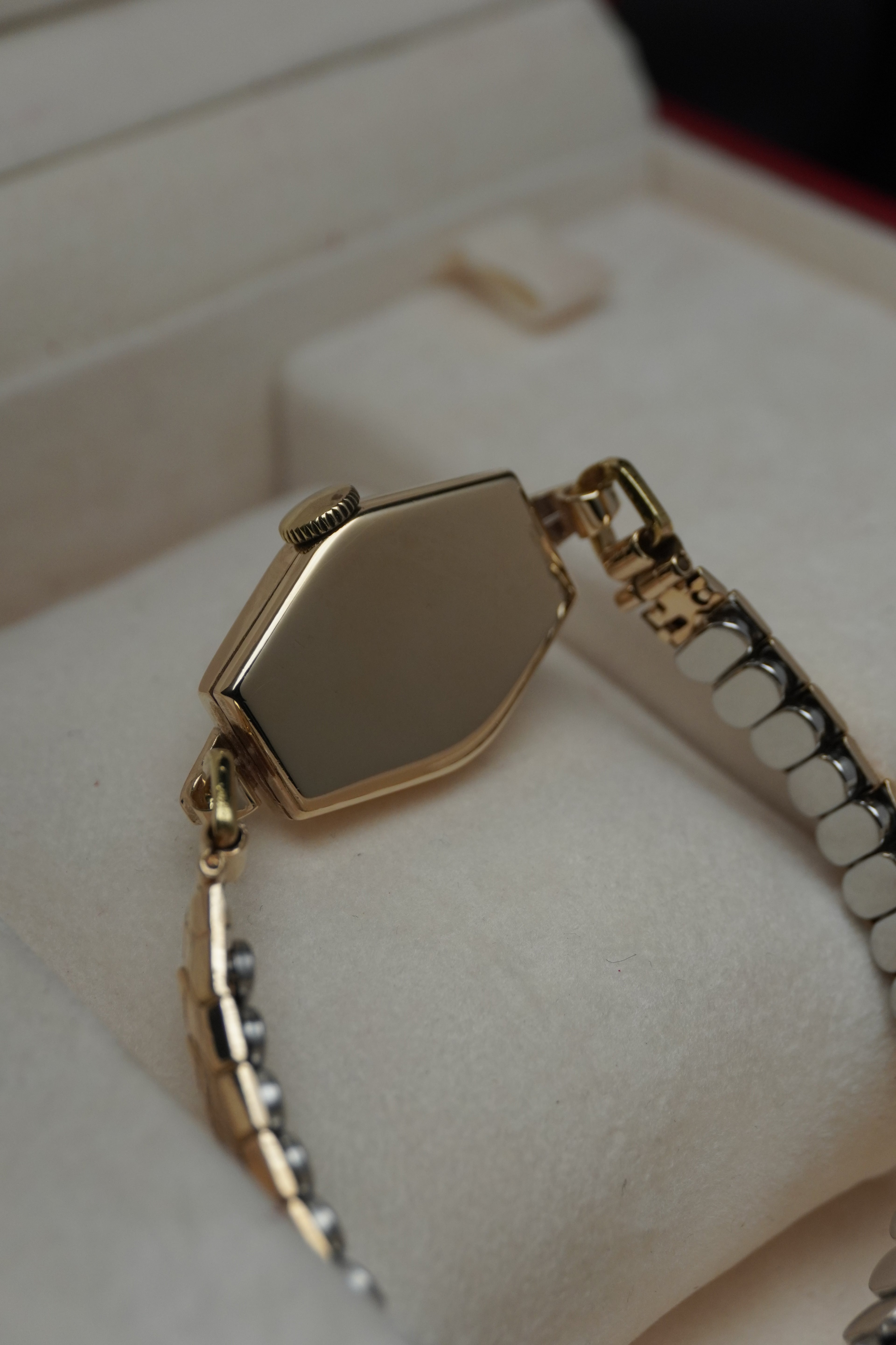 Early 1950s Omega Ladies 9ct Solid Yellow Gold Watch – Dennison Case (M Hallmark), Blue Hands, Arabic Numerals, Calibre 244