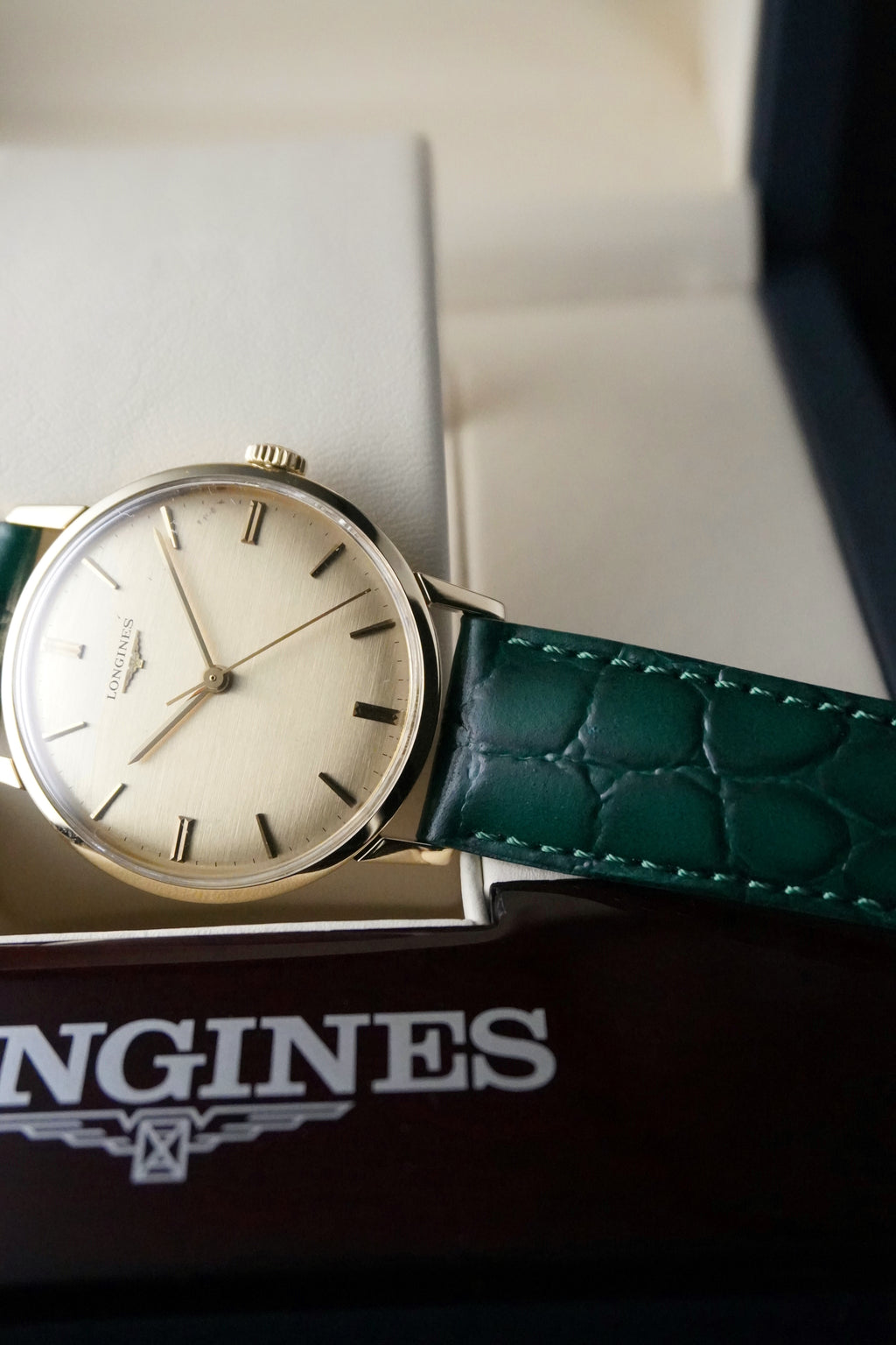 Vintage 9ct Yellow Gold Longines watch with green strap and beige face in Longines Box 