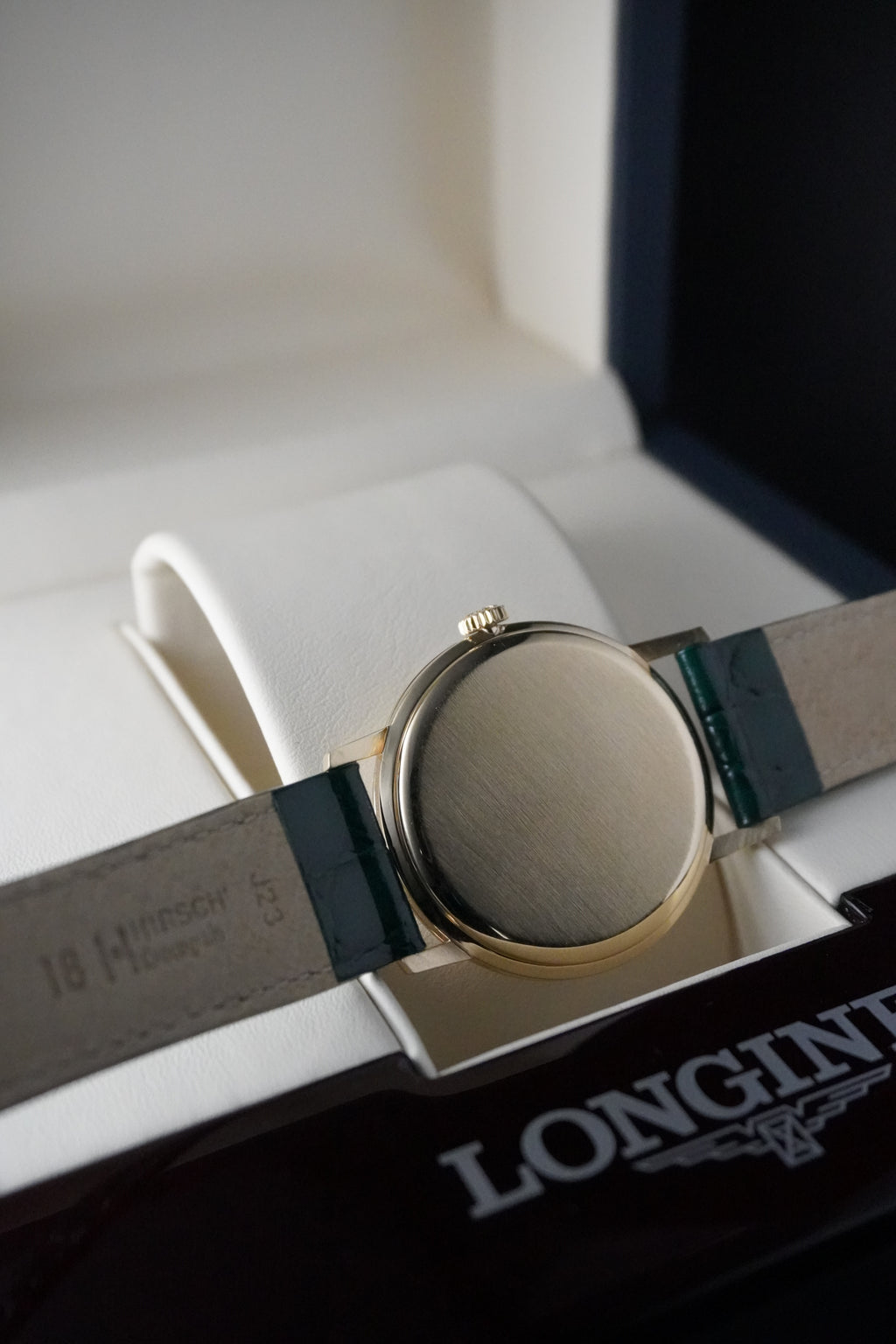 Vintage 9ct Yellow Gold Longines watch with green strap and beige face in Longines Box 
