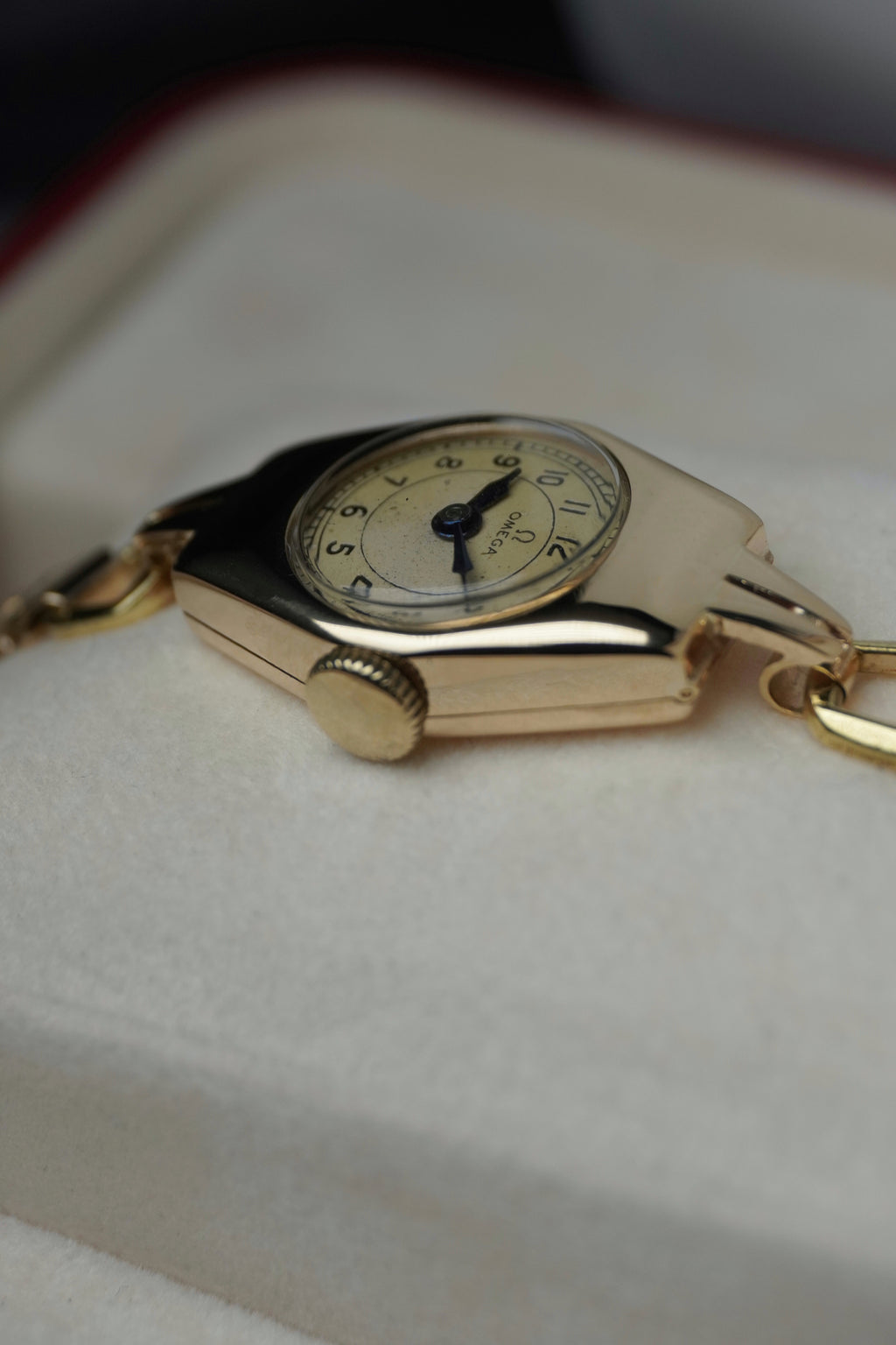 Early 1950s Omega Ladies 9ct Solid Yellow Gold Watch – Dennison Case (M Hallmark), Blue Hands, Arabic Numerals, Calibre 244