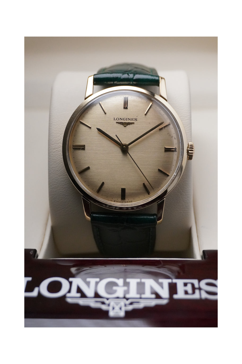 Vintage 9ct Yellow Gold Longines watch with green strap and beige face in Longines Box 