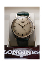 Vintage 9ct Yellow Gold Longines watch with green strap and beige face in Longines Box 