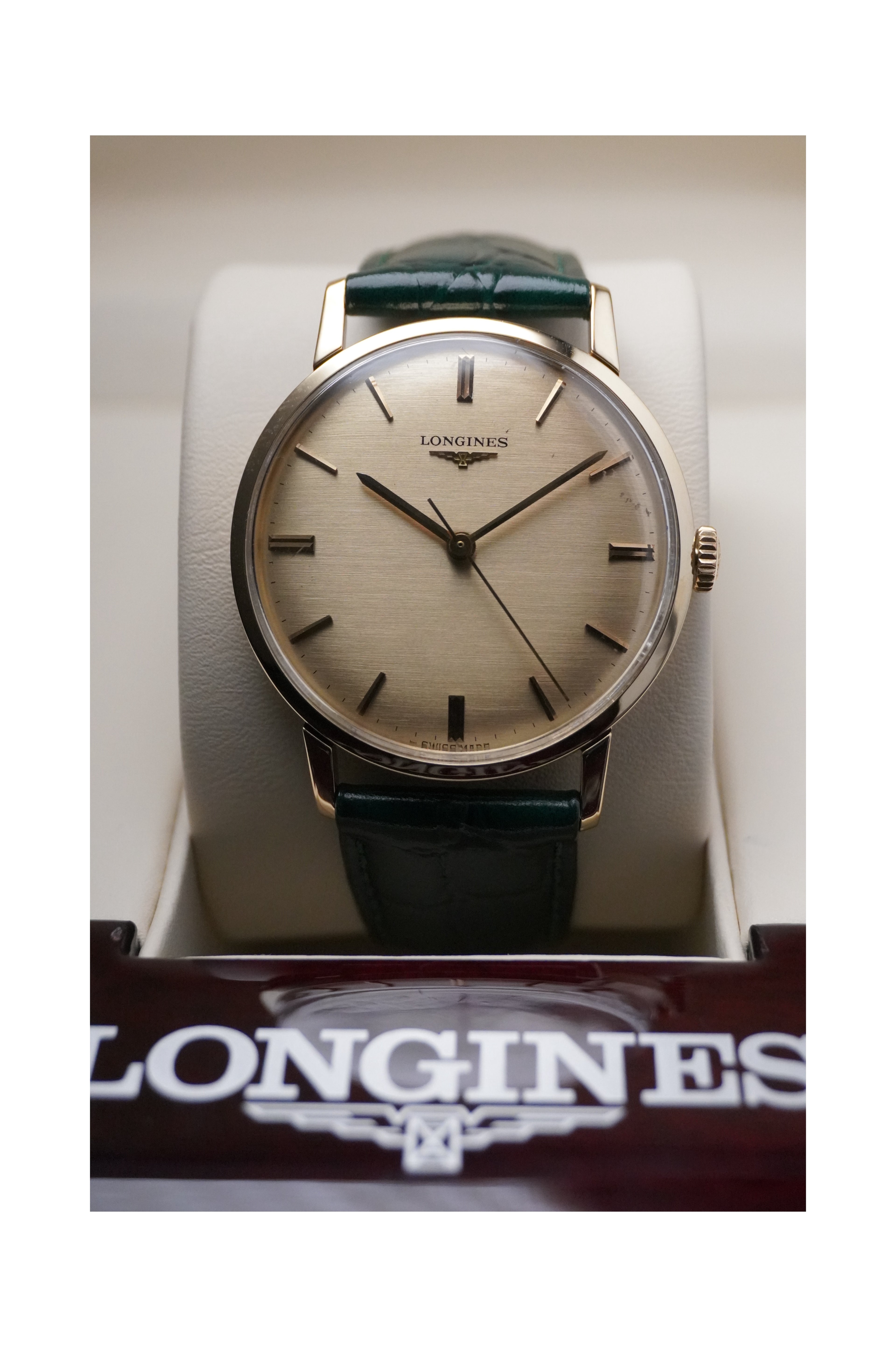 Vintage 9ct Yellow Gold Longines watch with green strap and beige face in Longines Box 