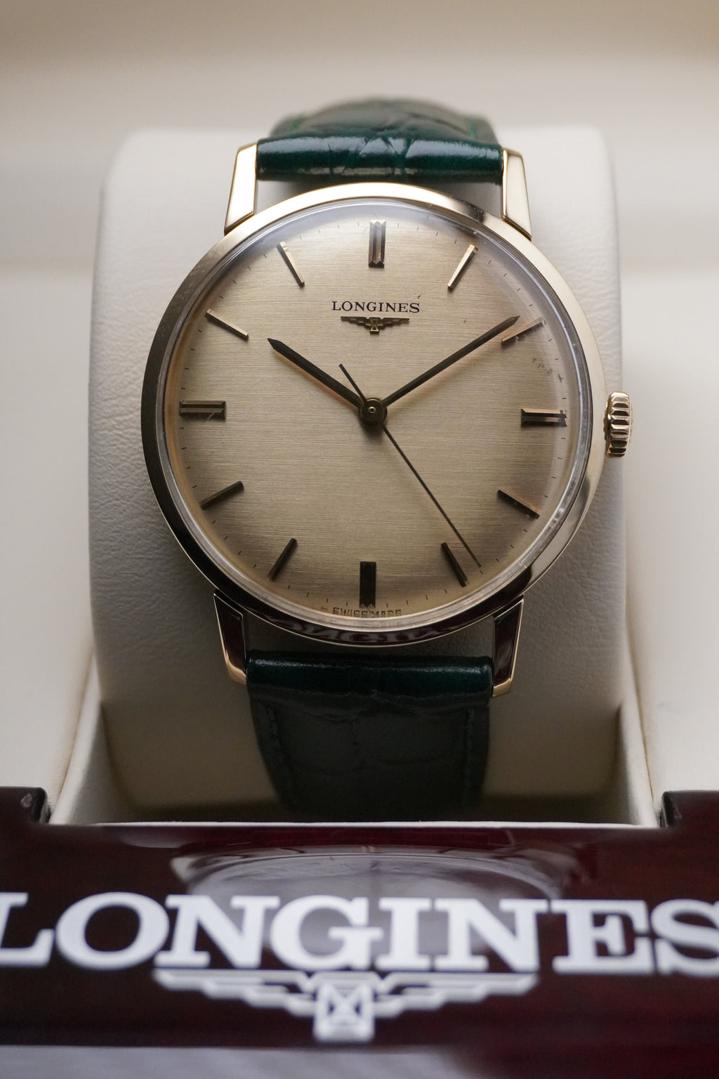 Vintage 9ct Yellow Gold Longines watch with green strap and beige face in Longines Box 