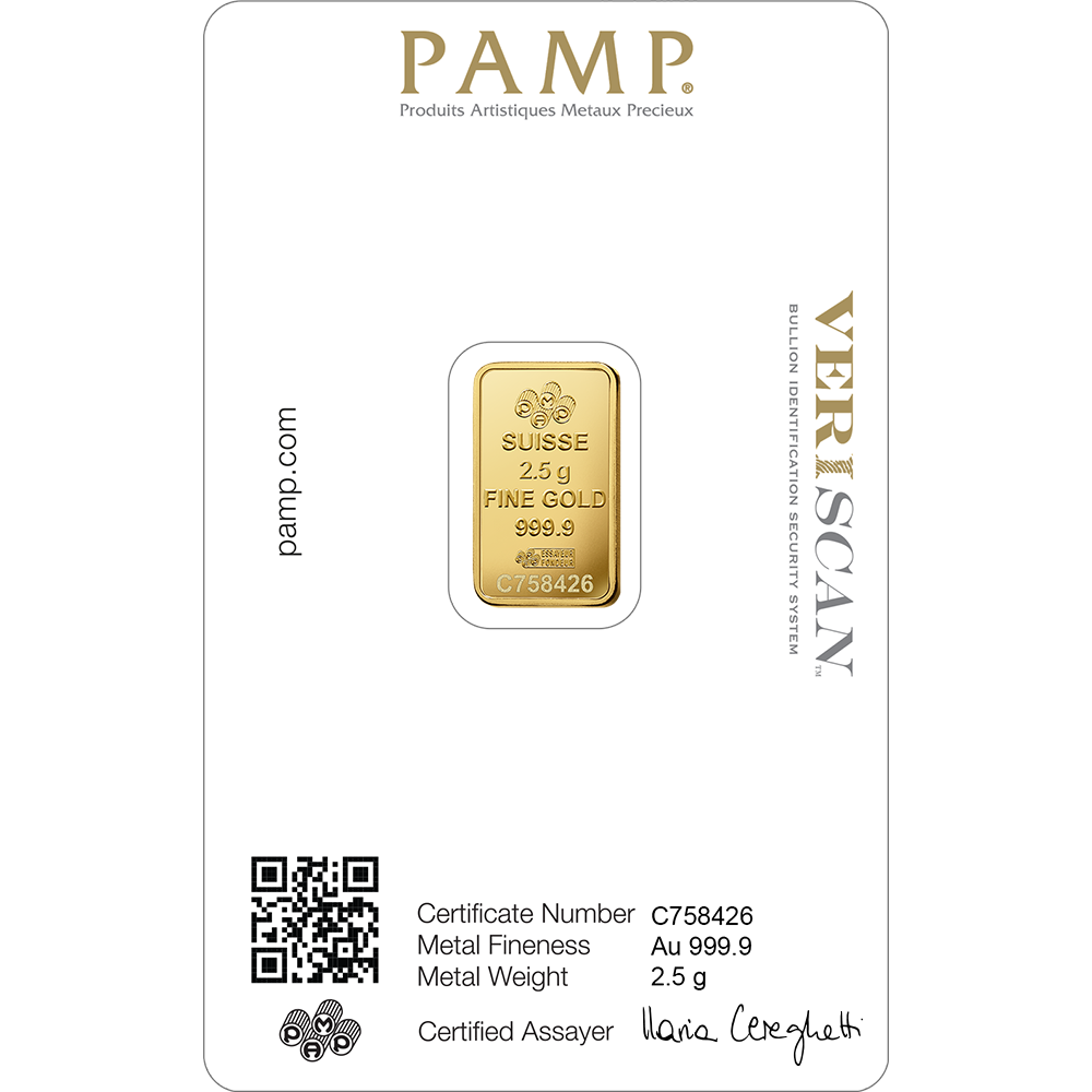2.5g Gold Bar PAMP Lady Fortuna Minted