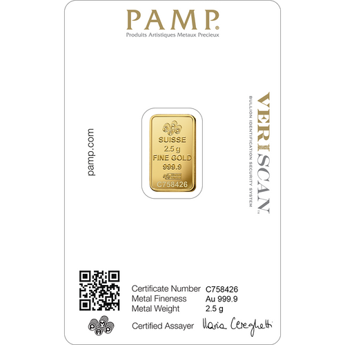 2.5g Gold Bar PAMP Lady Fortuna Minted
